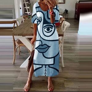 Casual O Neck Colorful Print Loose Short Sleeves Split Pulllover